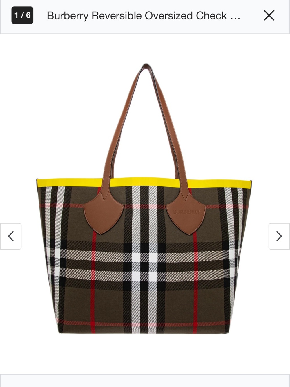 Burberry Brown Check Tote with Yellow Trim and Tan Leather Handles
